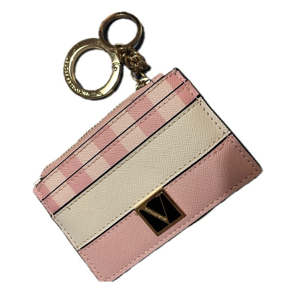 Victoria Secret V Logo Pink Striped Card Case w/Keyring - Picture 3 of 6